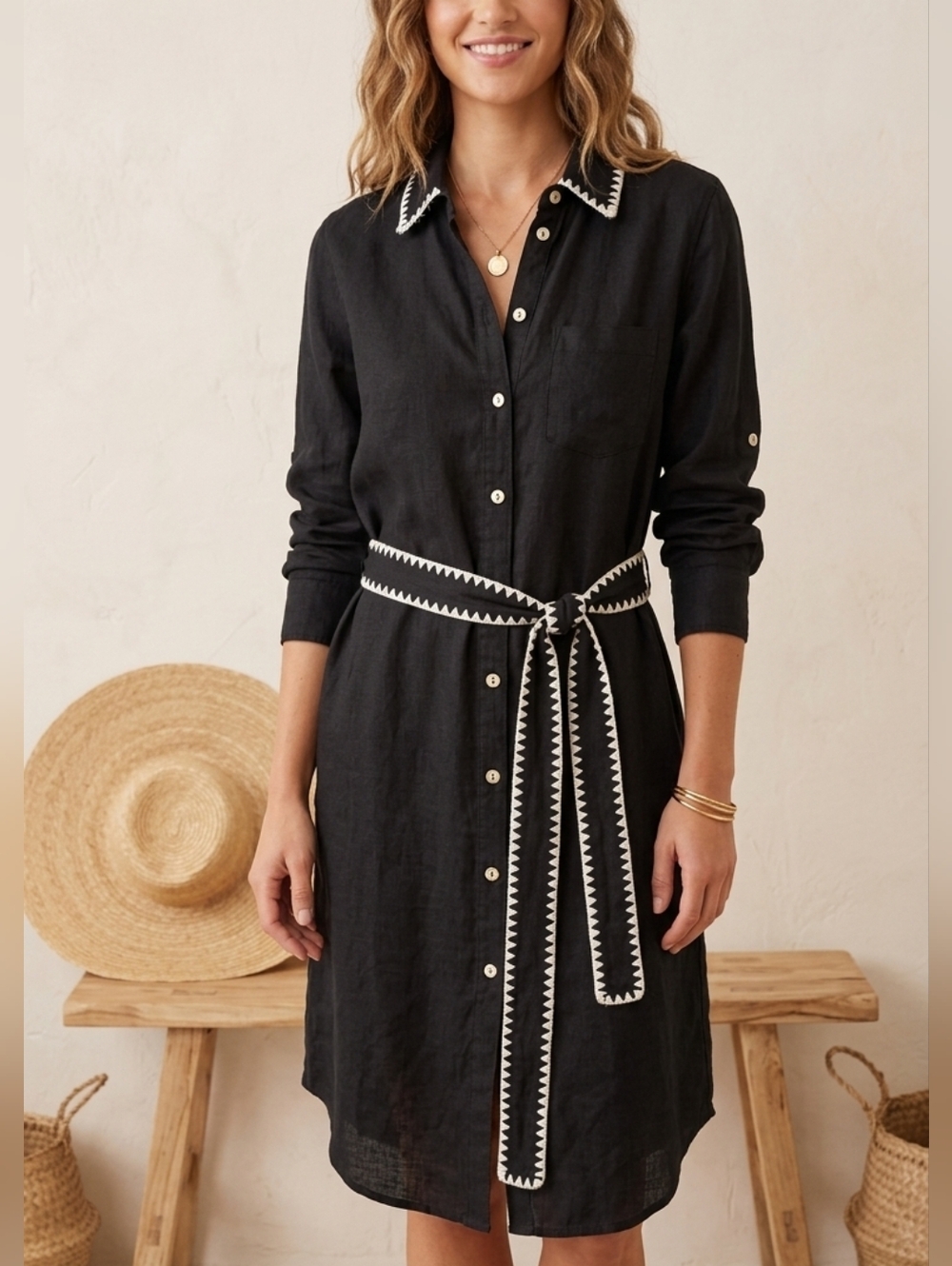 Magaschoni 100% Linen Black Button Front Shirtdress w/ Embroidered Belt S